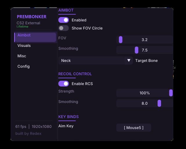 Menu capture, Aimbot tab