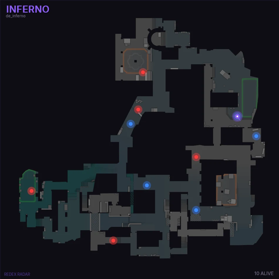 Shared web radar of Inferno with red enemy dots, blue team dots and a purple self marker